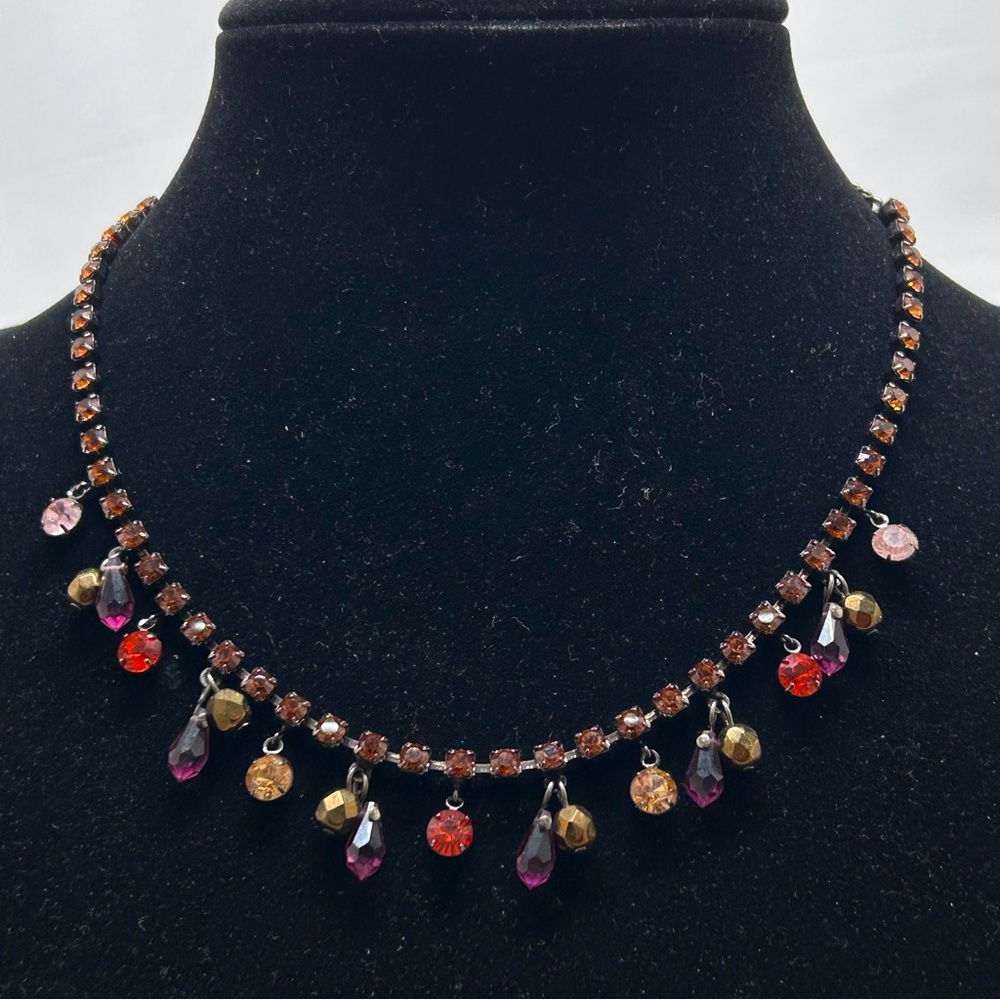 Tiara Misu, Deep Red Crystal Necklace, Antiqued Gold, Edwardian Look